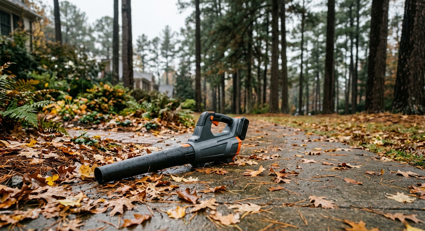 a modern battery-powered leaf blower resting on a damp residential sidewalk covered in scattered brown and yellow autumn leaves, surrounded by tall pine trees o