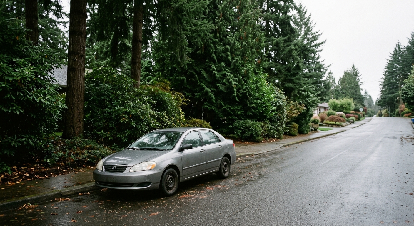 a generic grey sedan parked along a damp, quiet suburban street lined with thick shrubbery and tall evergreen trees on an overcast afternoon, natural everyday l