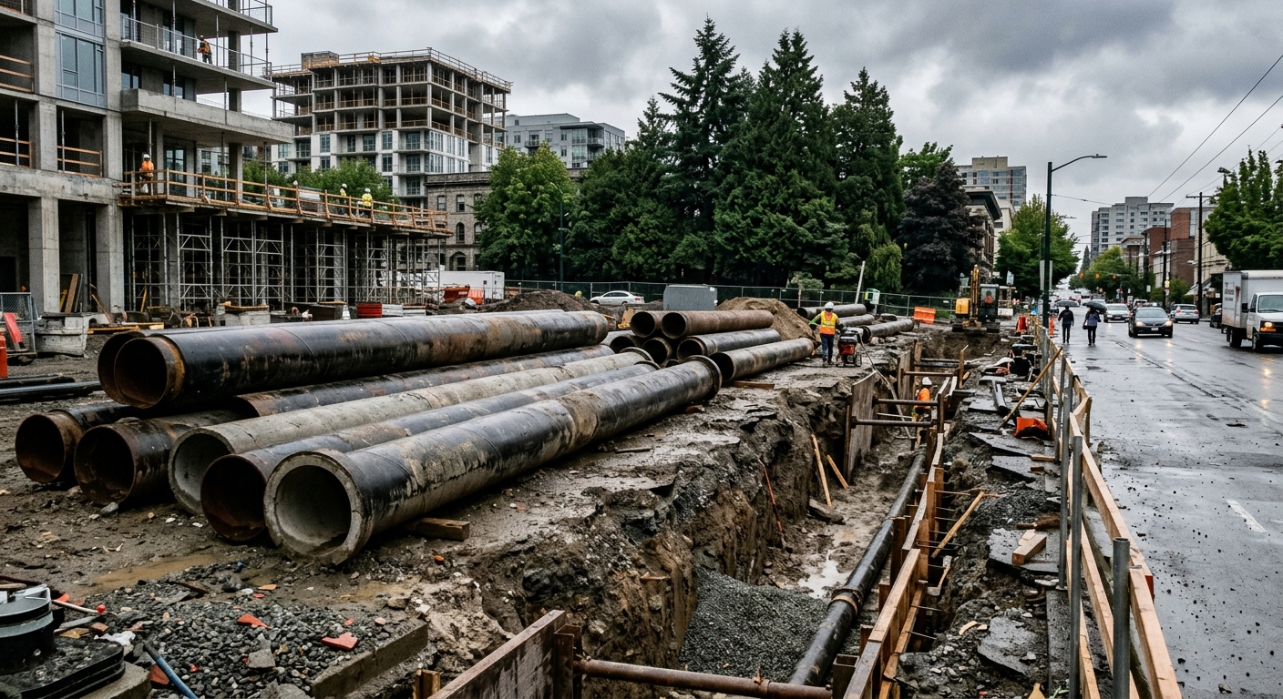 thick industrial pipes laid out beside a deep dirt trench at an urban apartment construction site, overcast sky, tall evergreen trees and a damp city street in