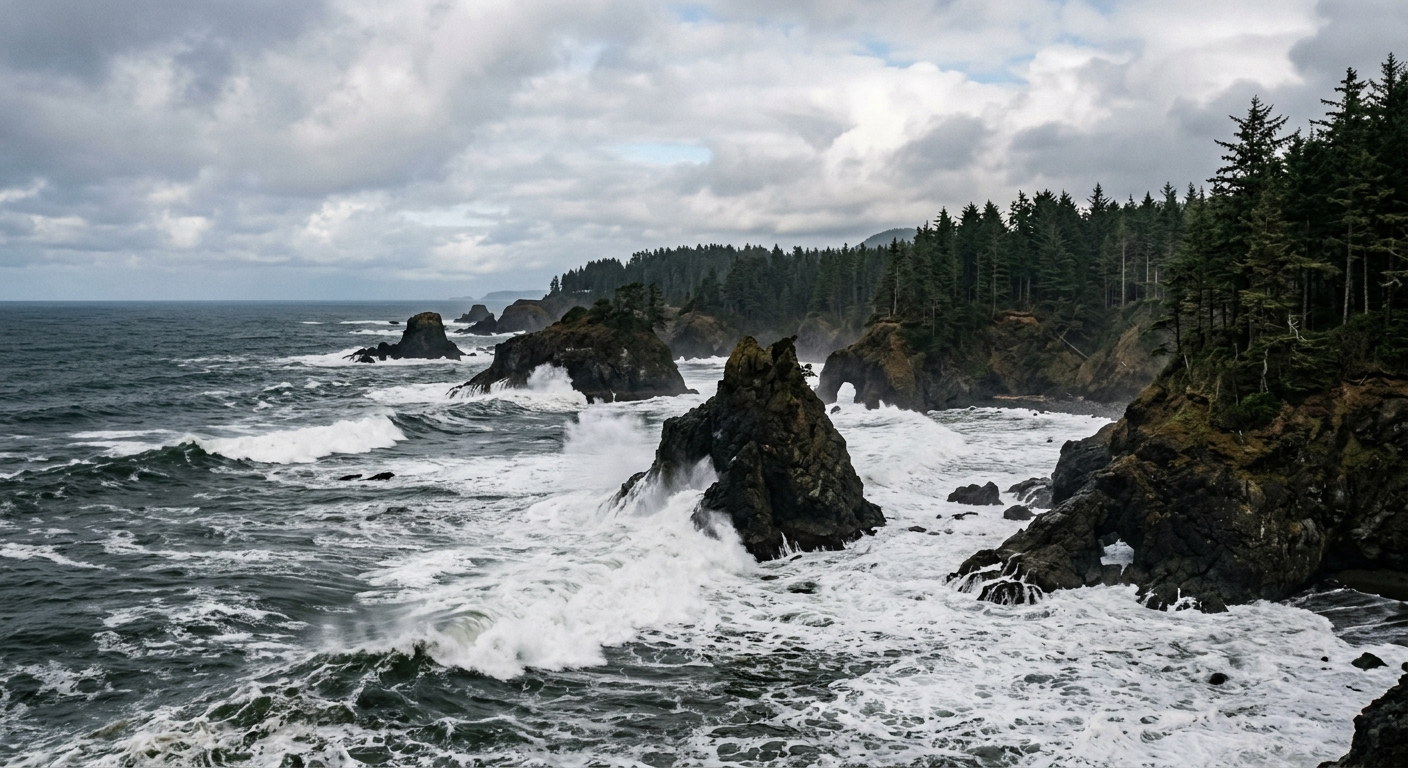 ocean waves swelling and crashing against rocky sea stacks along a rugged Pacific Northwest coastline, featuring dark coastal evergreens and a slightly overcast