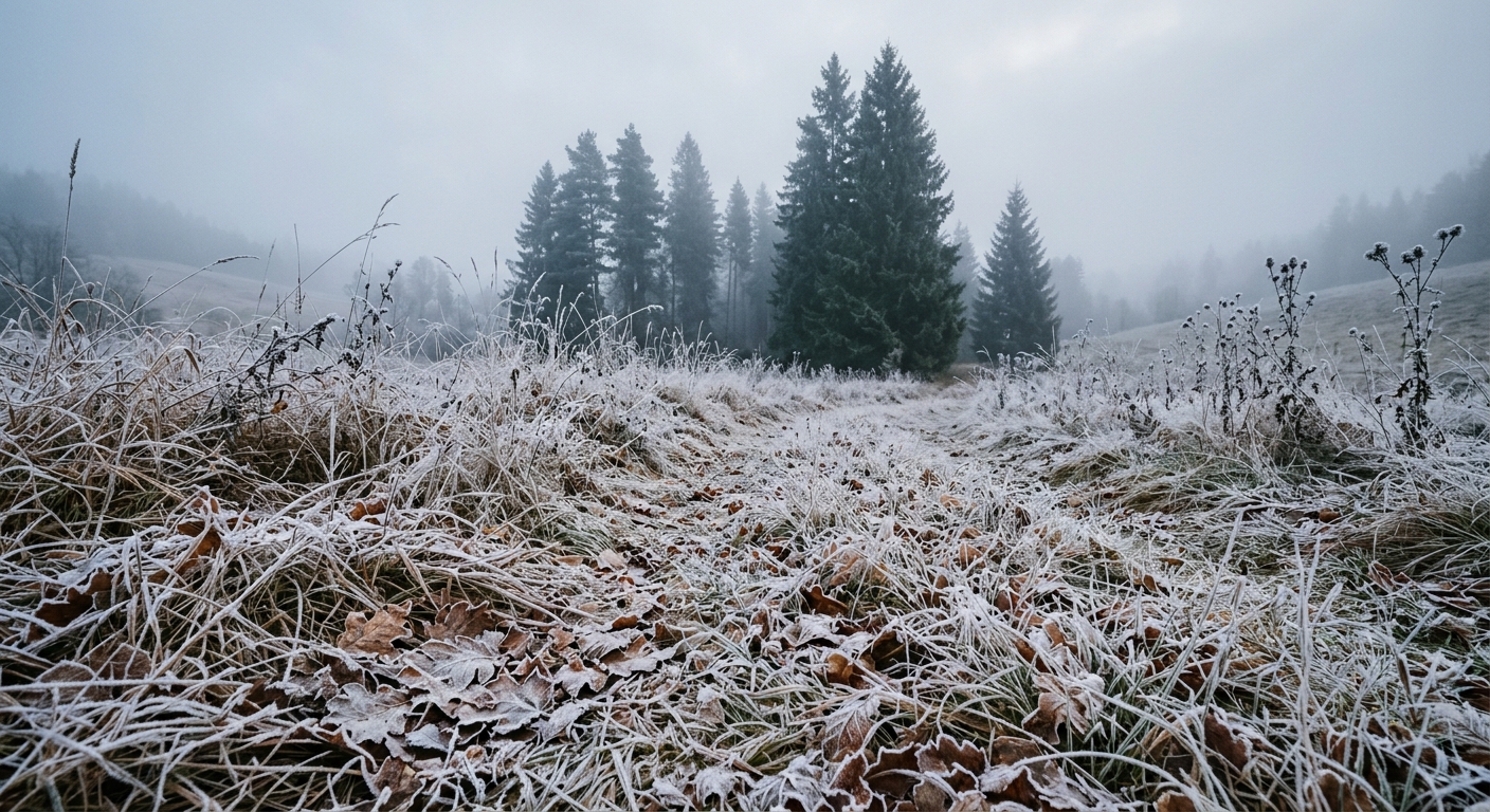 thick white frost covering dry grass and fallen autumn leaves near tall evergreen trees on a cold, foggy morning in a rural valley, natural everyday lighting, s