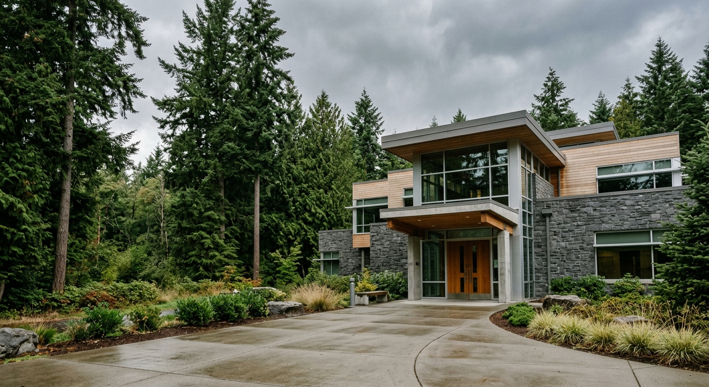 the exterior entrance of a modern suburban courthouse building surrounded by tall evergreen trees under an overcast sky, natural everyday lighting, shot on a DS