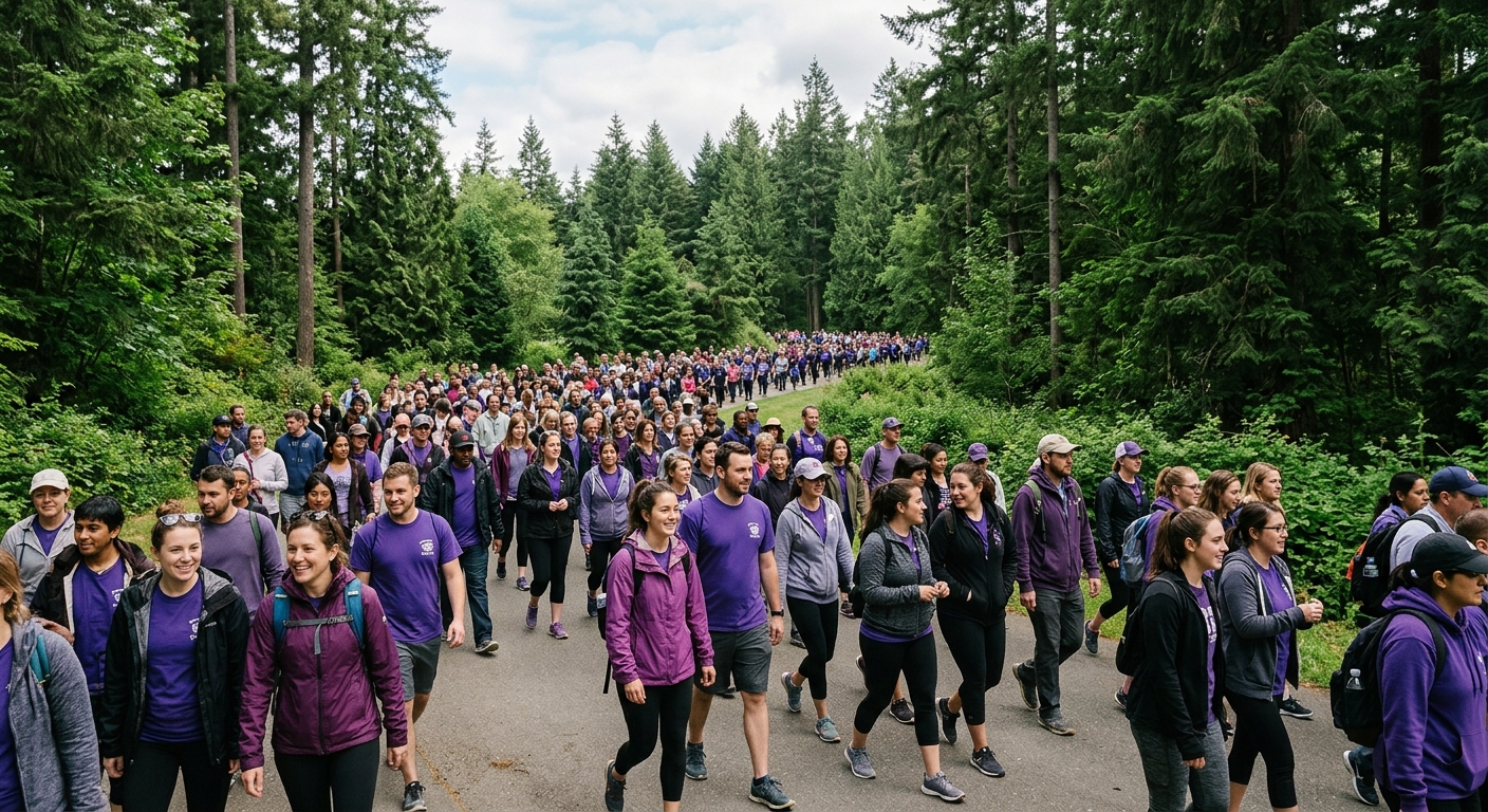 a large crowd of people walking together along a paved path in a lush, green park with tall evergreen trees, many participants wearing casual purple clothing to