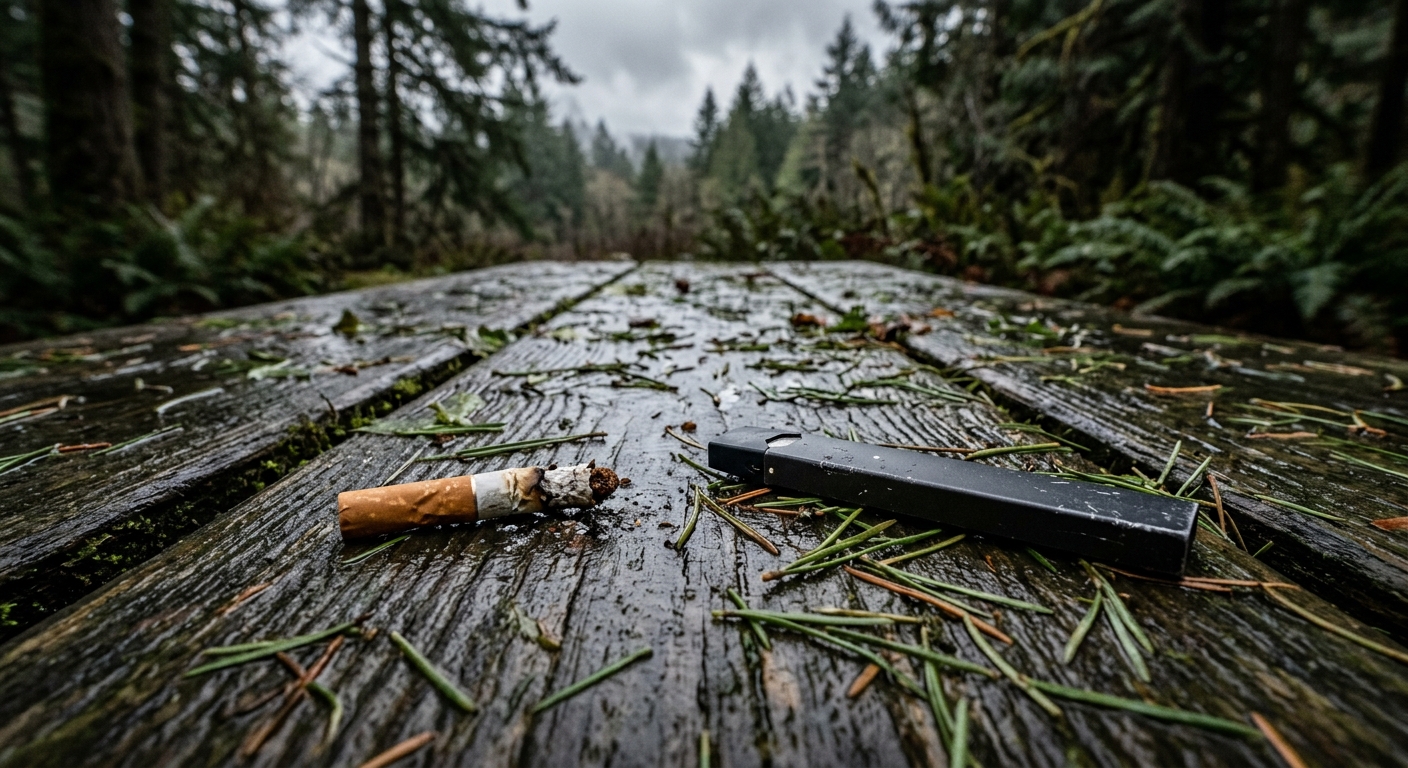 a single crushed cigarette and a discarded electronic vape pen on a wet wooden picnic table scattered with green pine needles, overcast weather reflecting the P