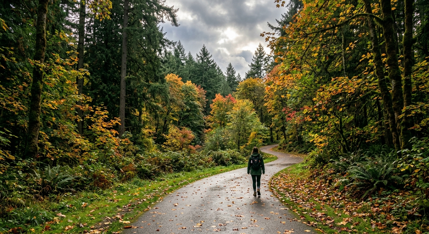 a paved walking path winding through a Pacific Northwest park, lined with tall pine trees and deciduous trees showing early autumn colors, under a mostly cloudy