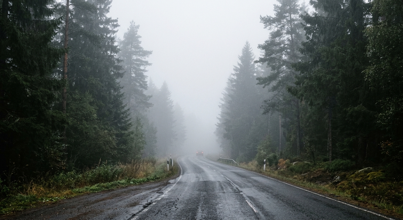 a heavy morning fog settling over a damp asphalt road lined with tall evergreen trees, the dim taillights of a distant vehicle faintly visible through the dense
