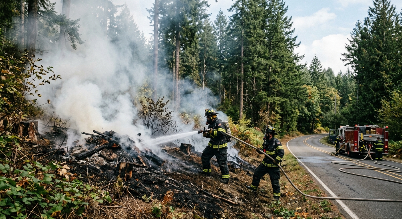 firefighters in heavy gear spraying water on a smoldering brush fire in a rural Pacific Northwest tree grove with tall evergreens, thick smoke rising from a bla