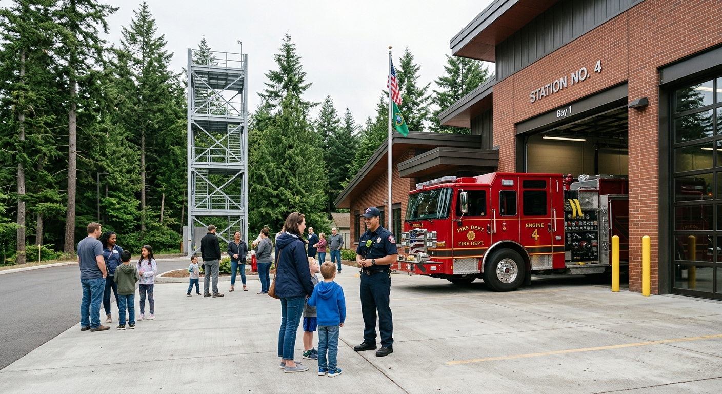 an open house community event at a modernized brick fire station, featuring an open garage bay with a parked red fire engine and a metal training tower in the b
