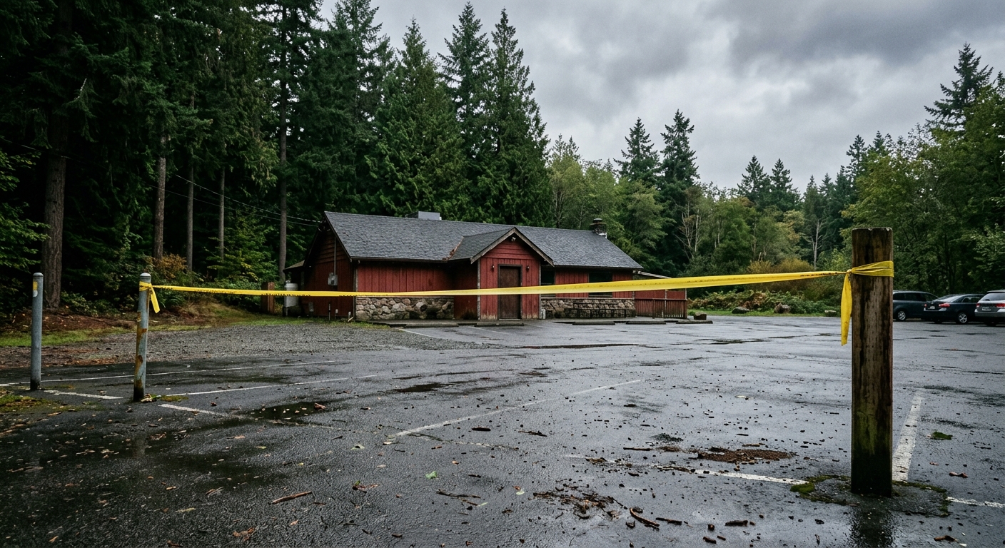 yellow caution tape strung across a damp asphalt parking lot outside a modest neighborhood tavern, with tall evergreen trees and an overcast sky in the backgrou