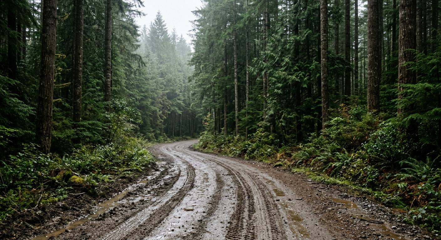 a muddy rural gravel road winding into a thick, damp forest of tall evergreen trees with fresh tire tracks visible in the dirt, natural everyday lighting, shot
