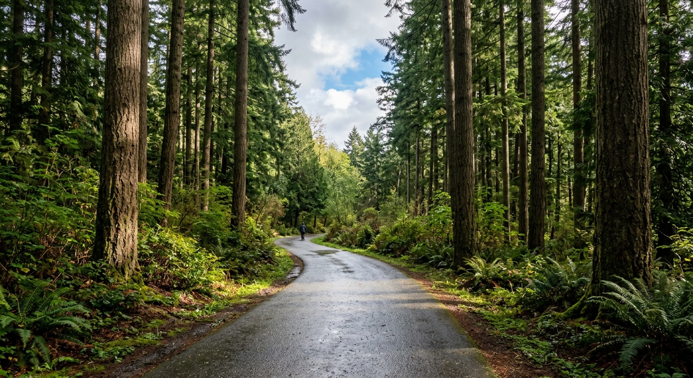 a paved walking path in a Pacific Northwest park lined with tall Douglas fir trees, the ground slightly damp and reflecting sunlight as clouds begin to clear in