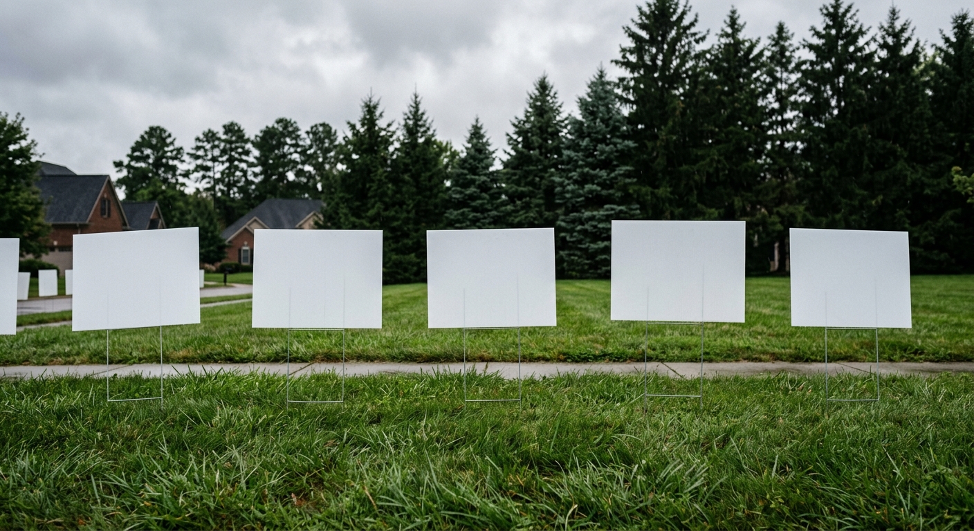 several blank political campaign yard signs staked into a wet, grassy residential lawn, with tall evergreen trees in the background under a cloudy overcast sky,