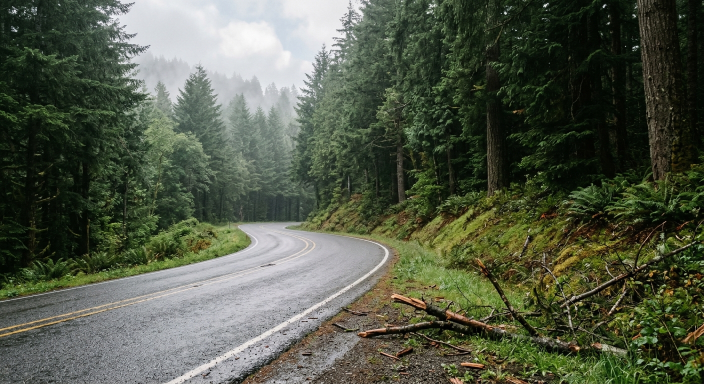 a rural two-lane asphalt road curving past a grassy embankment lined with tall evergreen trees in the Pacific Northwest, wet pavement from a recent morning mist