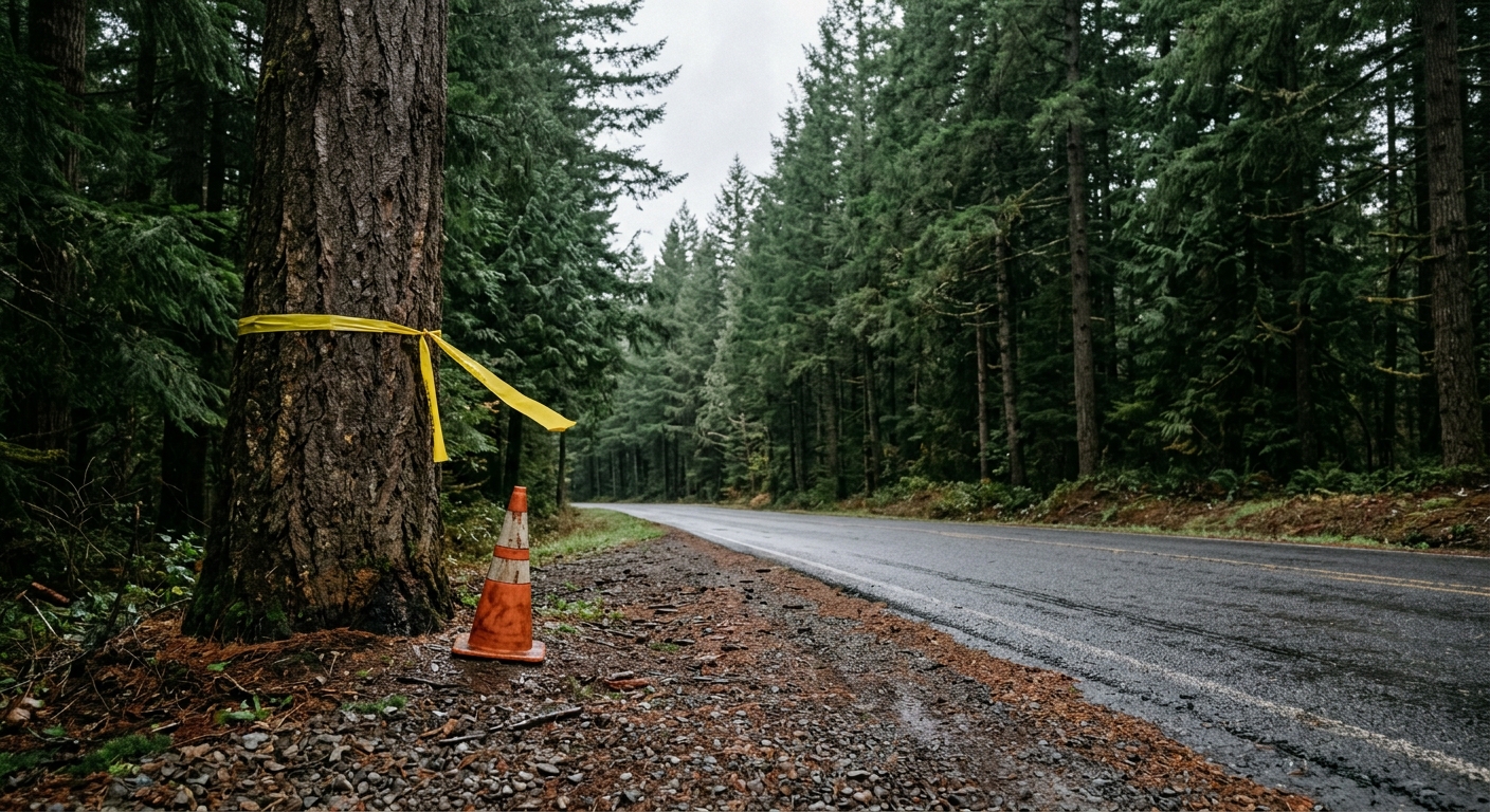 a damp, empty stretch of roadway lined with tall evergreen trees, featuring a piece of yellow caution tape tied to a large tree trunk on the shoulder alongside