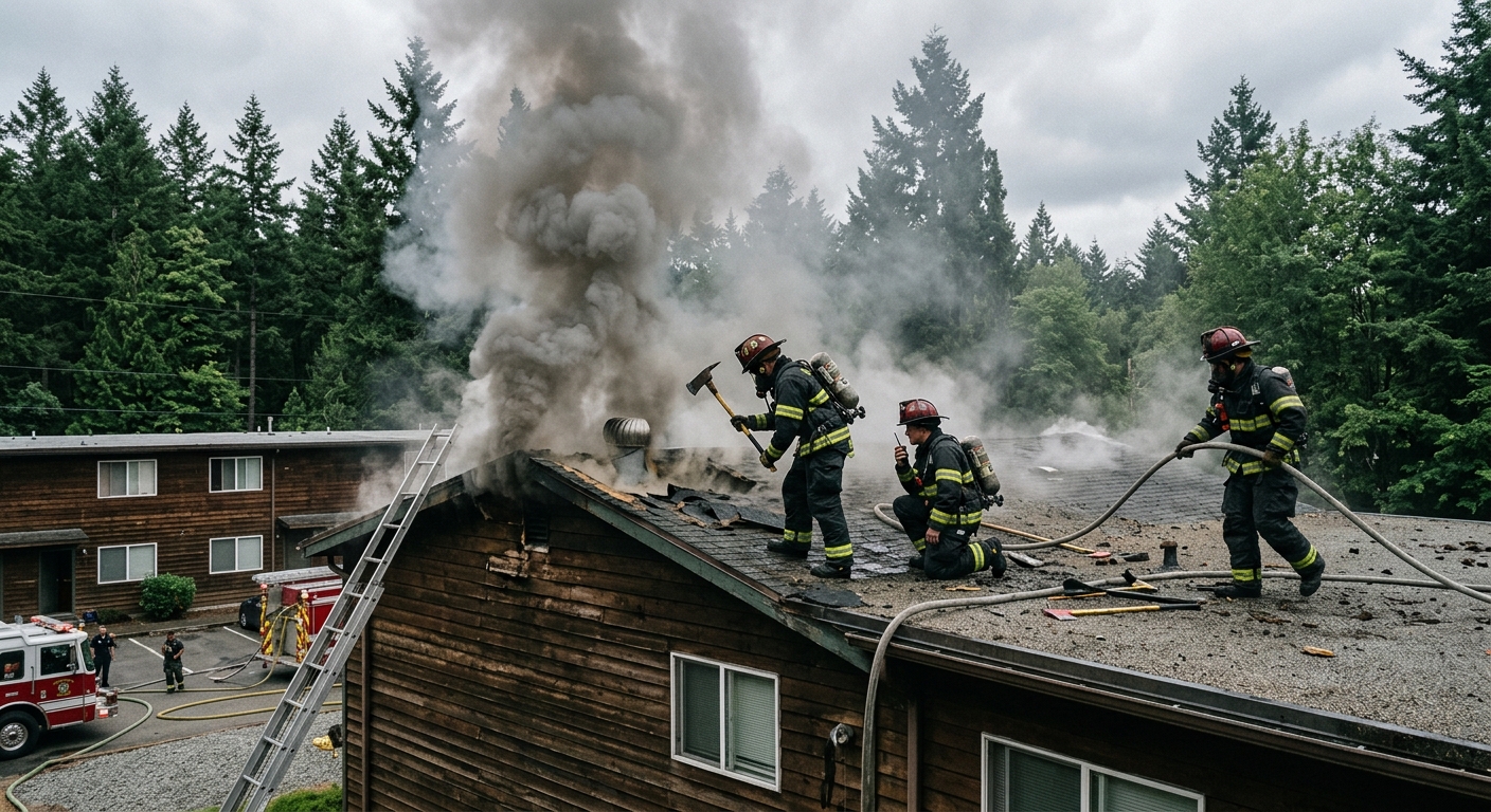 firefighters in turnout gear working on the roof of a low-rise apartment building with wood siding, thick gray smoke billowing from the structure, surrounded by