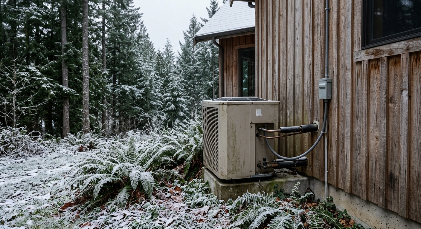 an outdoor residential heating unit situated against a house with cedar wood siding, surrounded by frost-covered ferns and tall pine trees on a cold, overcast w