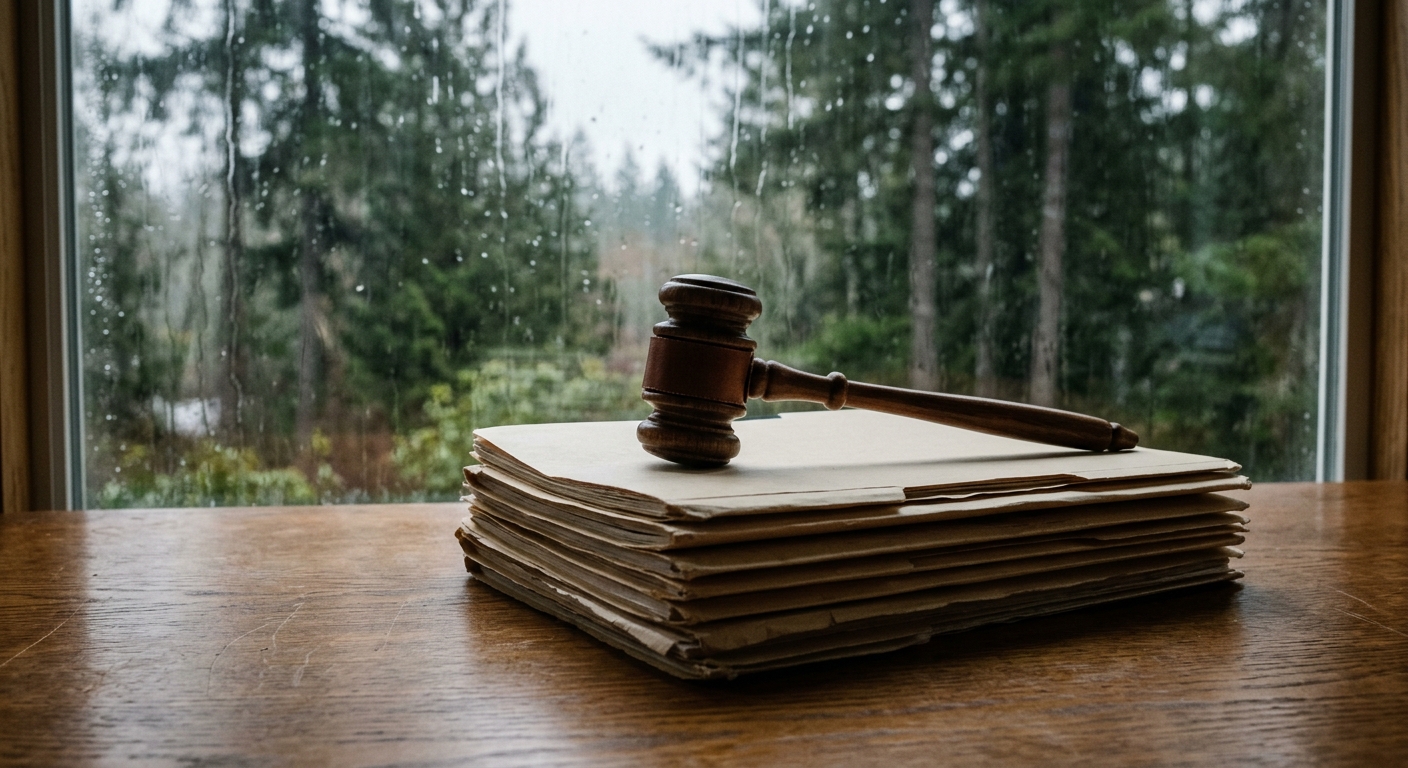 a wooden gavel resting on a stack of blank manila folders on an oak desk, with a soft-focus background of a rain-streaked window overlooking tall evergreen tree