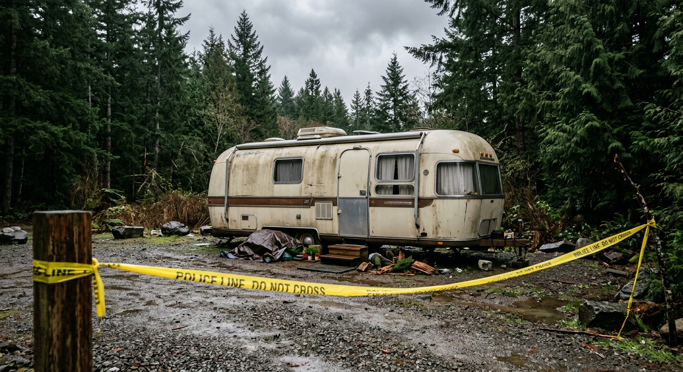 a weathered residential travel trailer parked on a damp gravel lot surrounded by tall evergreen trees under an overcast sky, with a strip of yellow police tape
