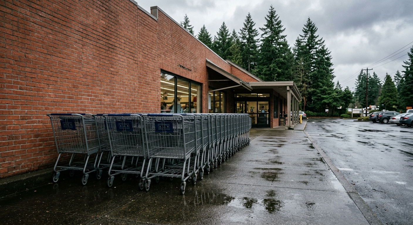 a row of metal shopping carts lined up outside a large brick grocery store, wet pavement reflecting an overcast sky, tall evergreen pine trees in the background