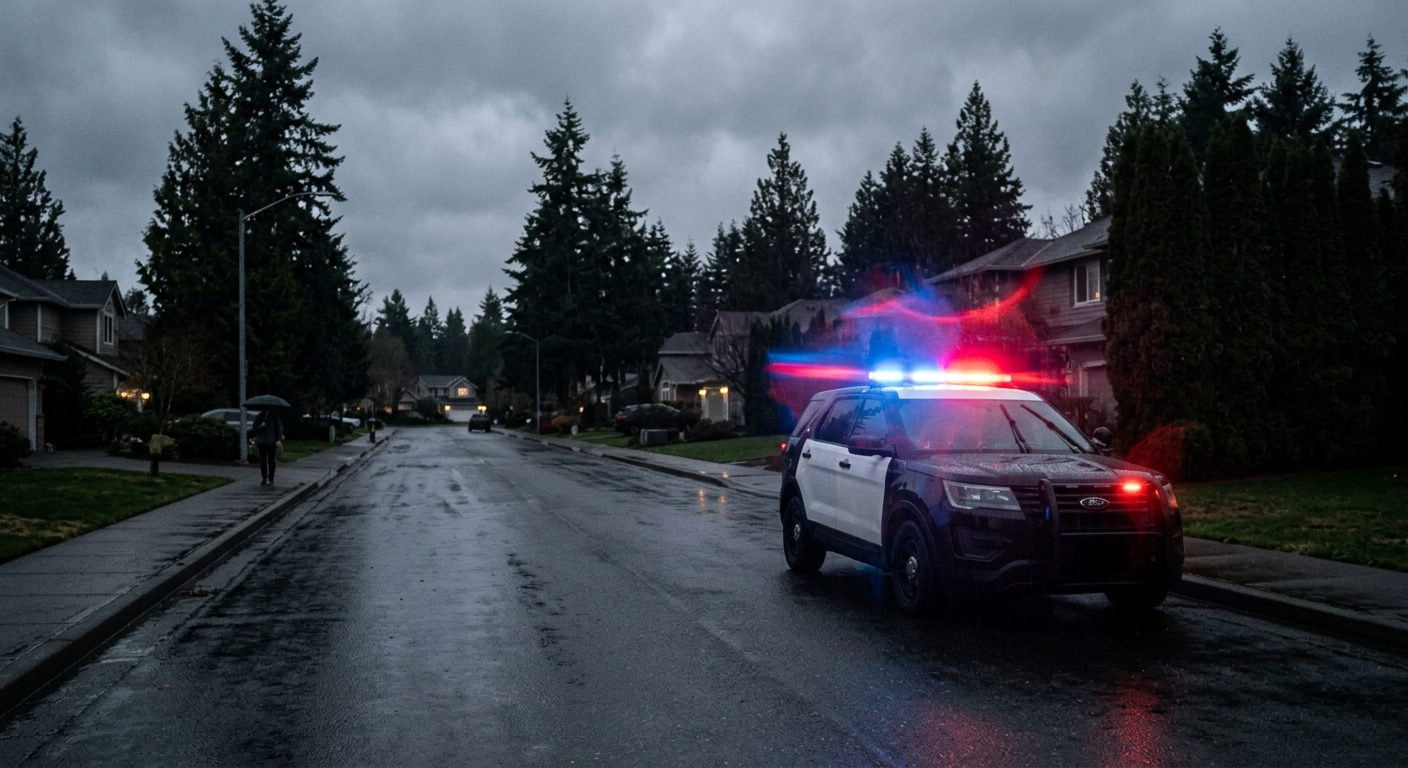 the blurred red and blue lights of a police vehicle parked on a wet suburban street lined with tall evergreen trees under a gloomy overcast sky, natural everyda