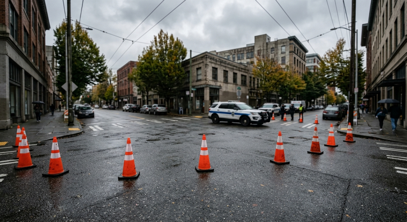 a closed-off urban intersection with orange traffic cones on damp asphalt, featuring the soft blur of a generic police cruiser in the background under an overca