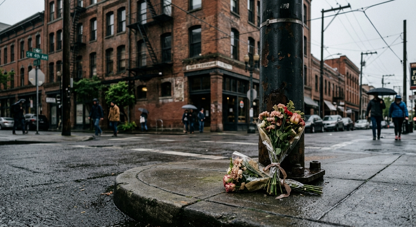 a weathered street corner in a Pacific Northwest city on a damp overcast day, featuring wet asphalt, historic brick buildings in the background, and a small, ag