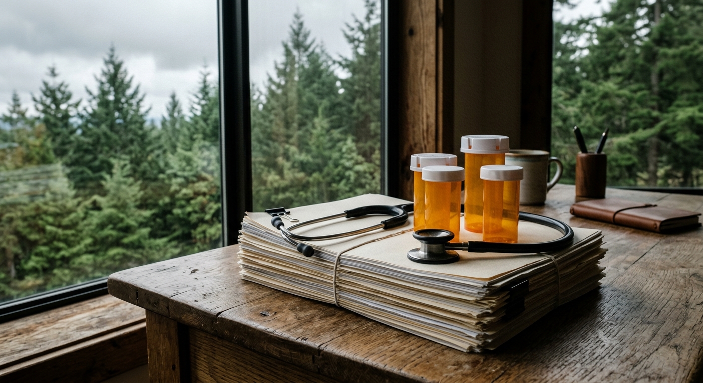 a stethoscope and blank prescription medicine bottles resting on a stack of thick paper documents on a large wooden desk, with an overcast sky and evergreen tre