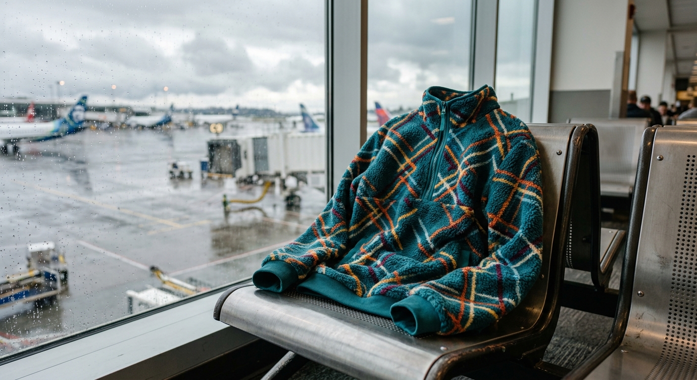 a textured fleece pullover jacket featuring a teal pattern with colorful geometric intersecting lines, casually draped over a metal airport waiting chair, with