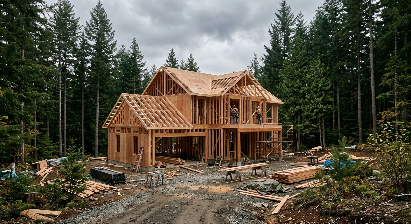 a partially framed wooden residential building under construction in a rural Pacific Northwest clearing, surrounded by tall evergreen trees under a muted overca