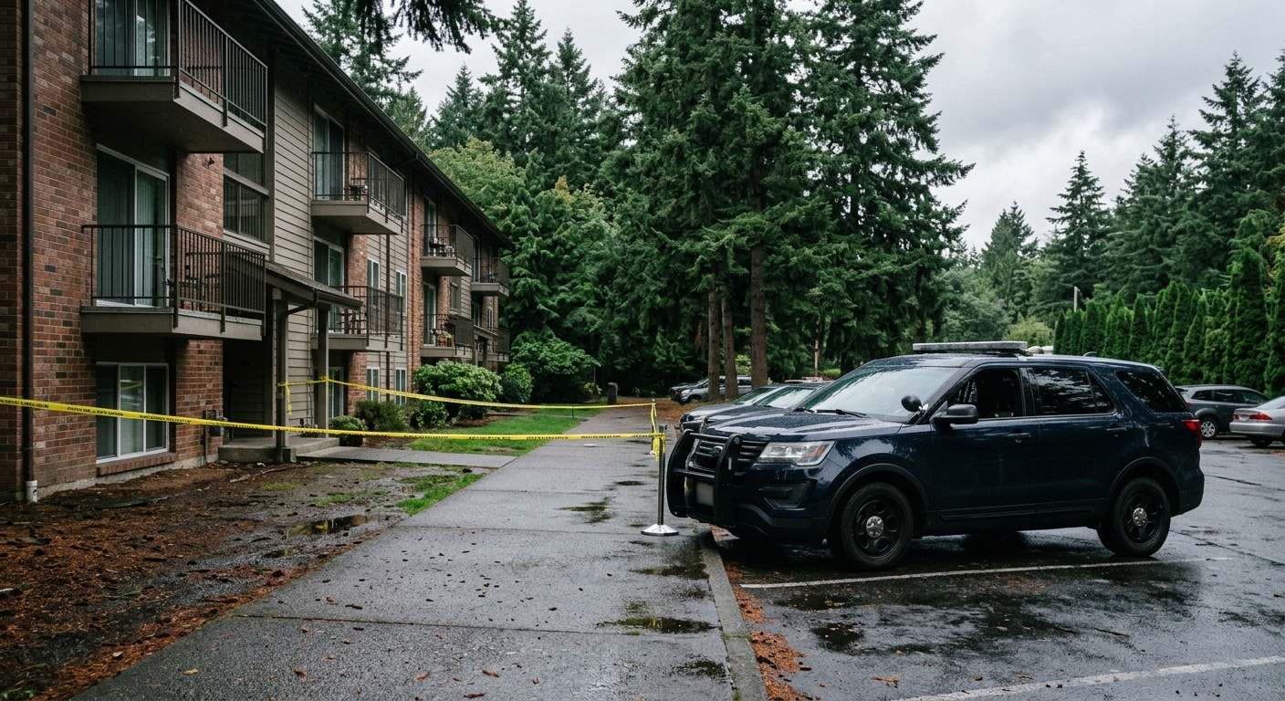 a parked police cruiser outside a residential apartment complex on an overcast day, yellow caution tape stretched across an outdoor walkway, wet pavement from r
