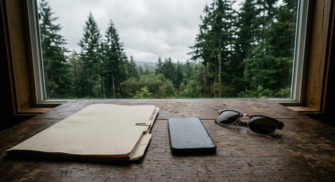 a generic smartphone resting on a wooden desk alongside a pair of luxury sunglasses and a closed manila legal folder, symbolizing a digital fraud investigation,