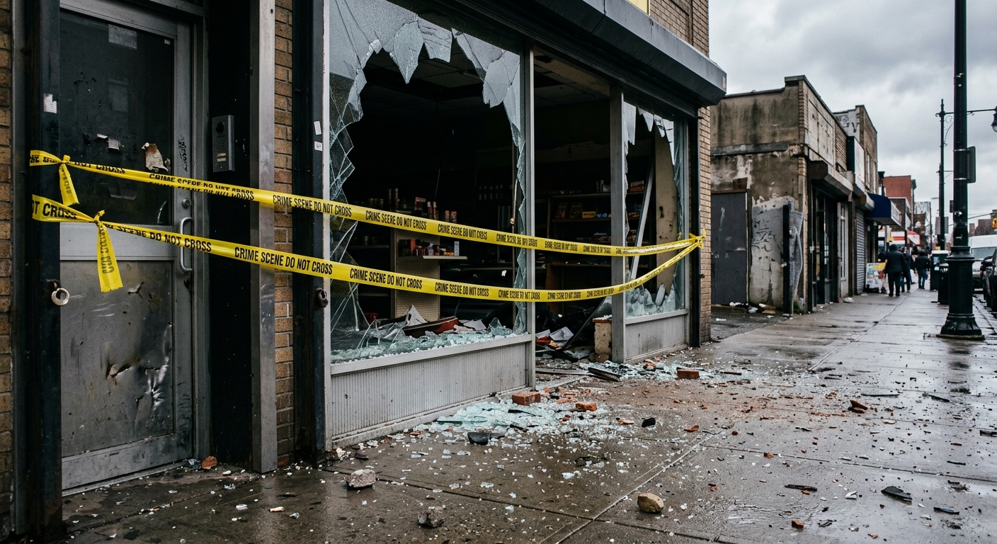 yellow police tape stretched across the shattered front window of a commercial retail building, pieces of broken glass and debris scattered on a damp concrete s