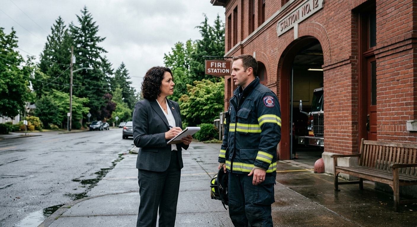 a local city official in a suit standing next to a firefighter in uniform, having a serious conversation outside a classic brick fire station on a damp, overcas