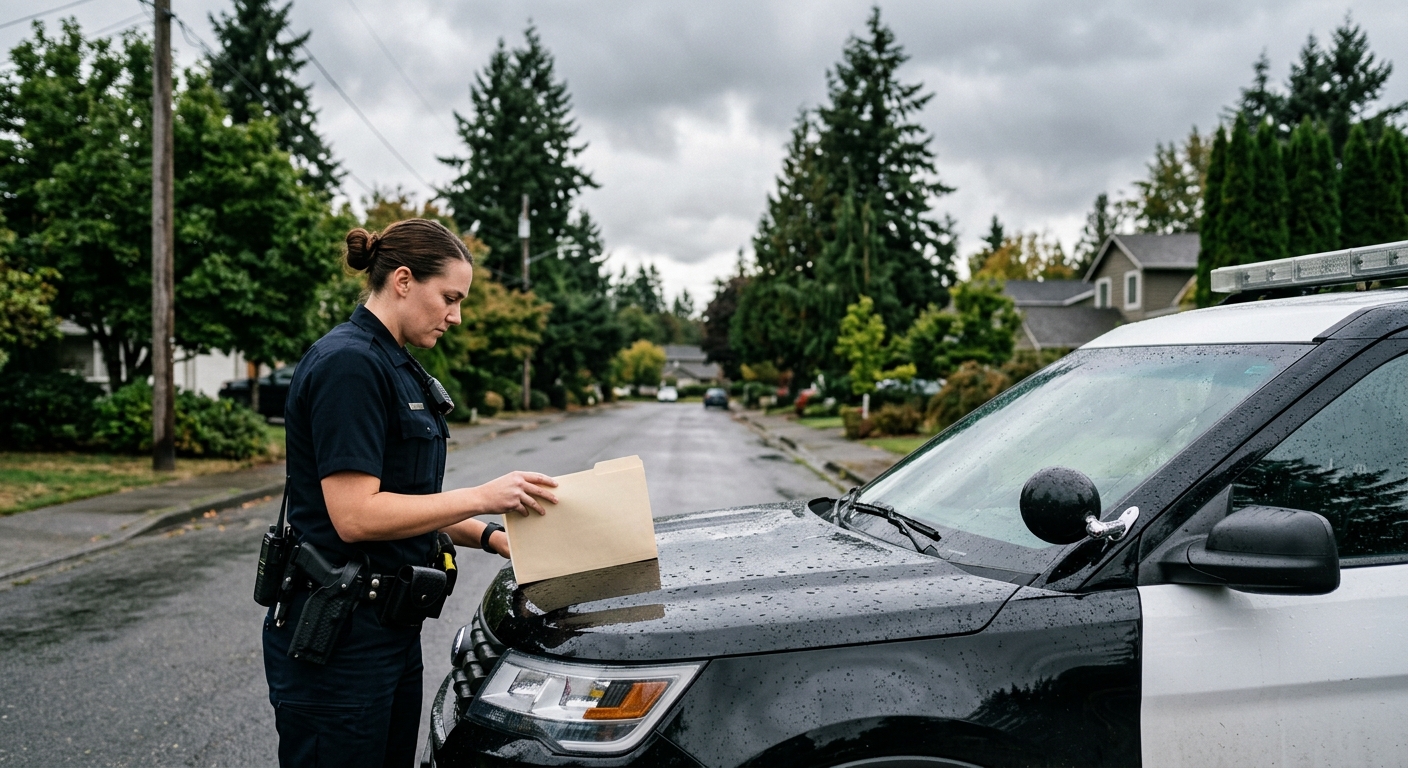 a law enforcement officer wearing a dark uniform holding a plain manila folder on the hood of a patrol vehicle, parked on a damp suburban street lined with tall