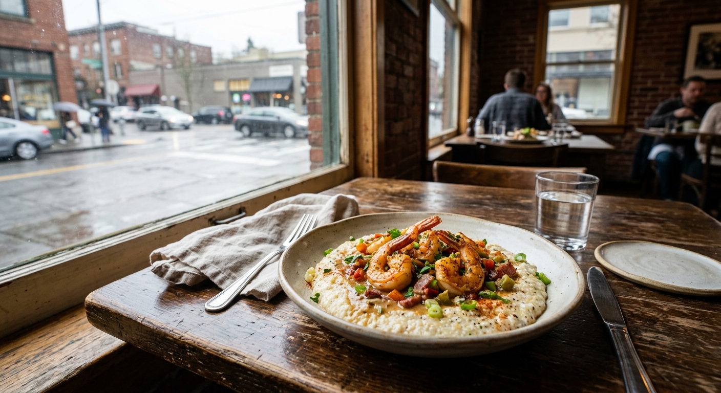 a plate of hearty shrimp and grits resting on a wooden dining table inside a cozy, unassuming local restaurant, with a blurred view of an overcast Pacific North