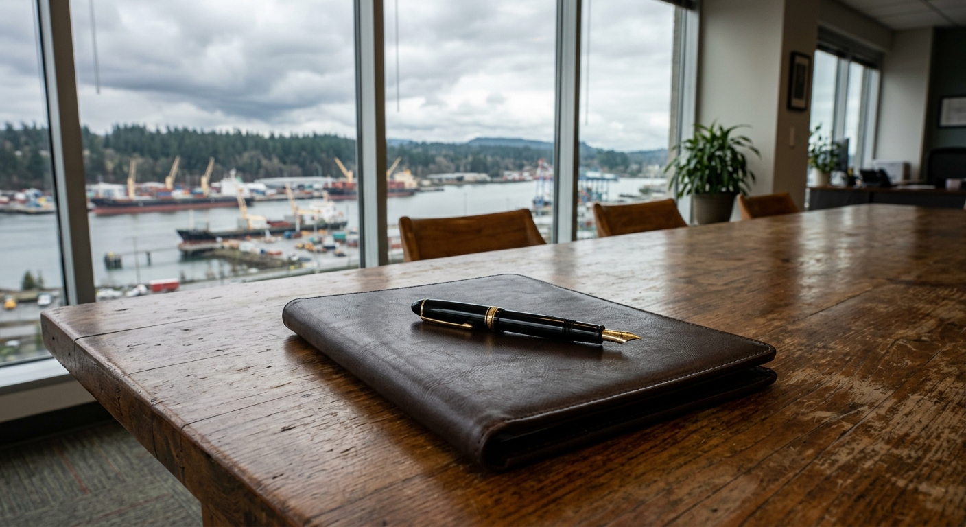 a formal document folder and a fountain pen resting on a wooden conference table, with large windows in the background revealing a cloudy maritime port and ever