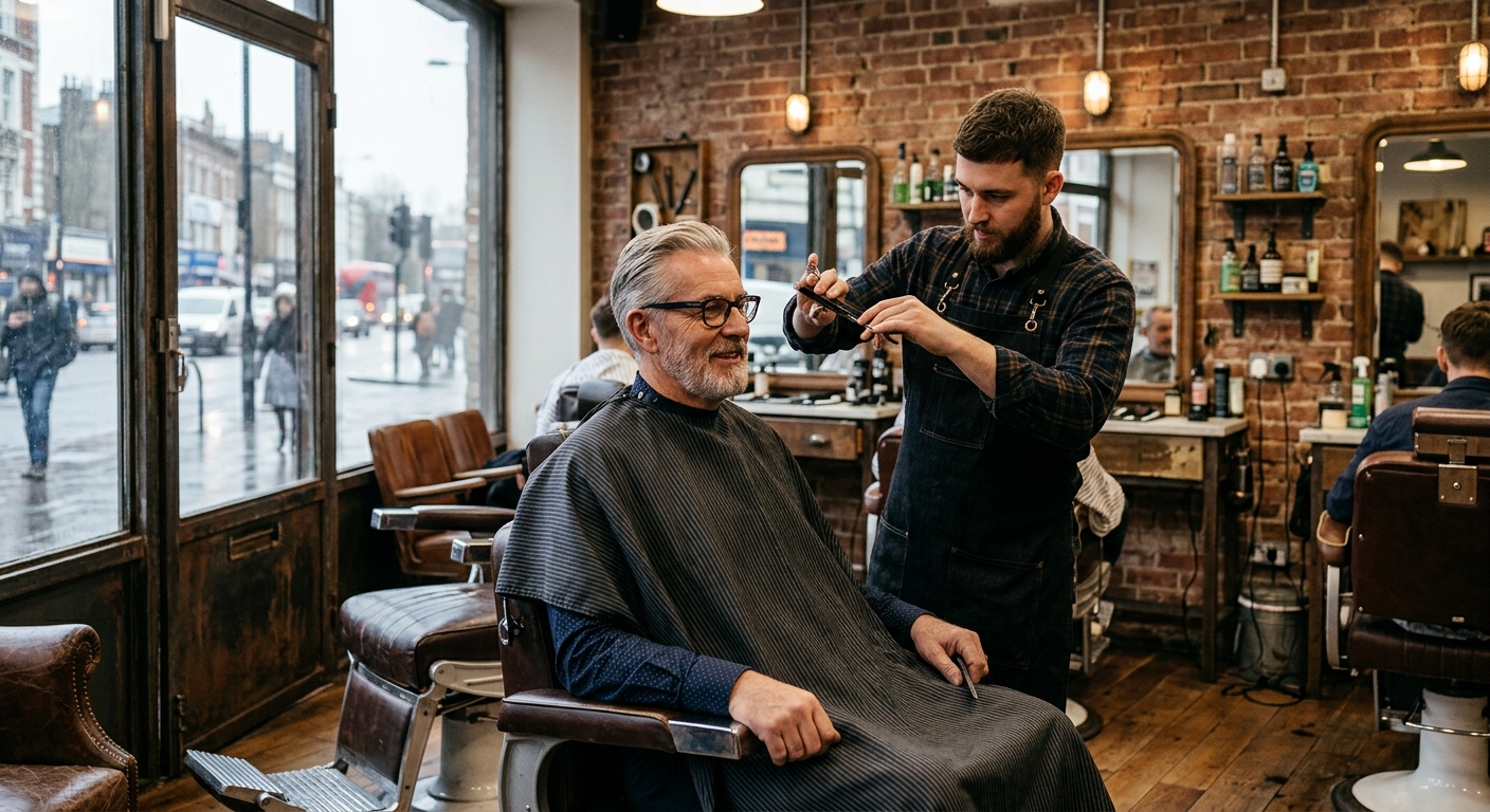 a stylish older man wearing dark-rimmed glasses receiving a haircut from a barber inside a trendy vintage-style barbershop with exposed brick walls, leather cha