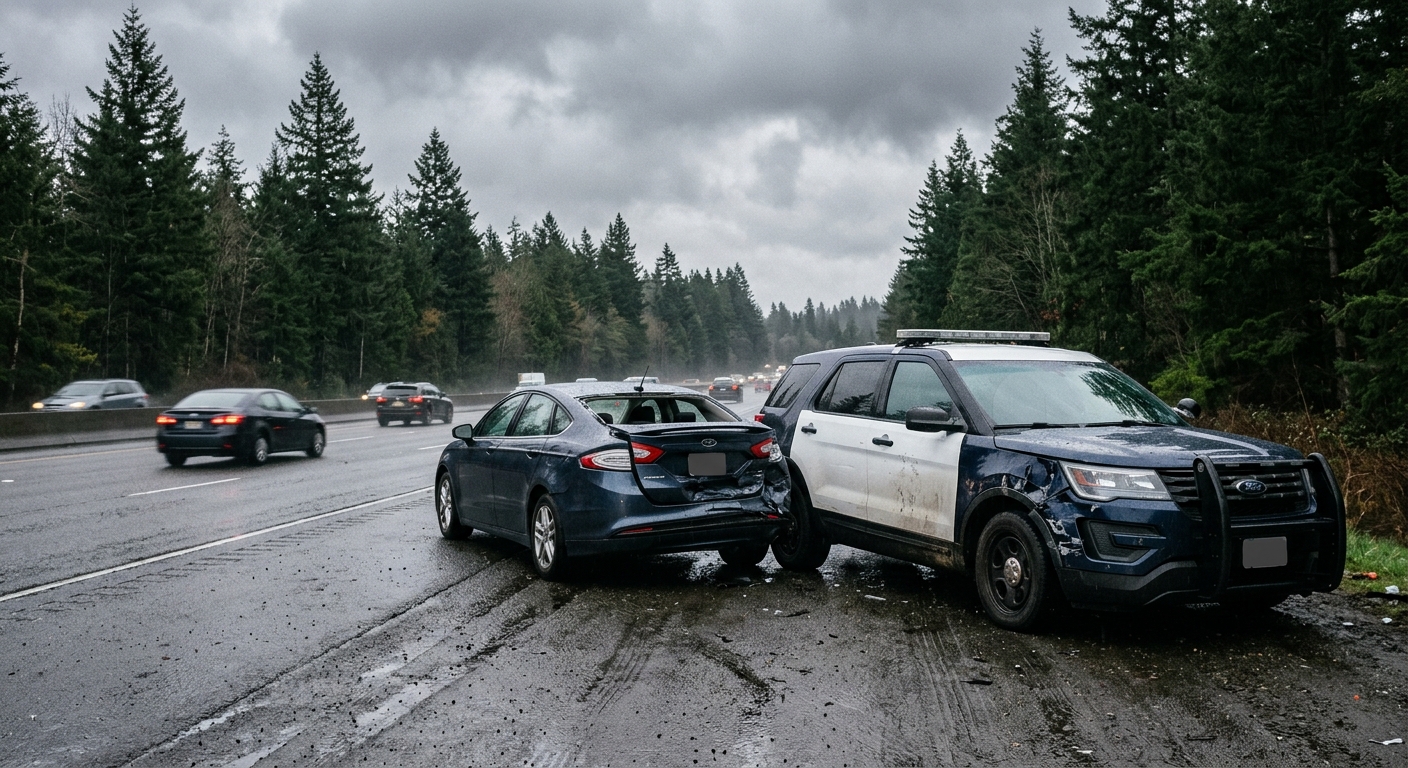 a damaged police patrol vehicle and a civilian sedan parked on the shoulder of a wet interstate highway surrounded by tall evergreen trees under an overcast sky