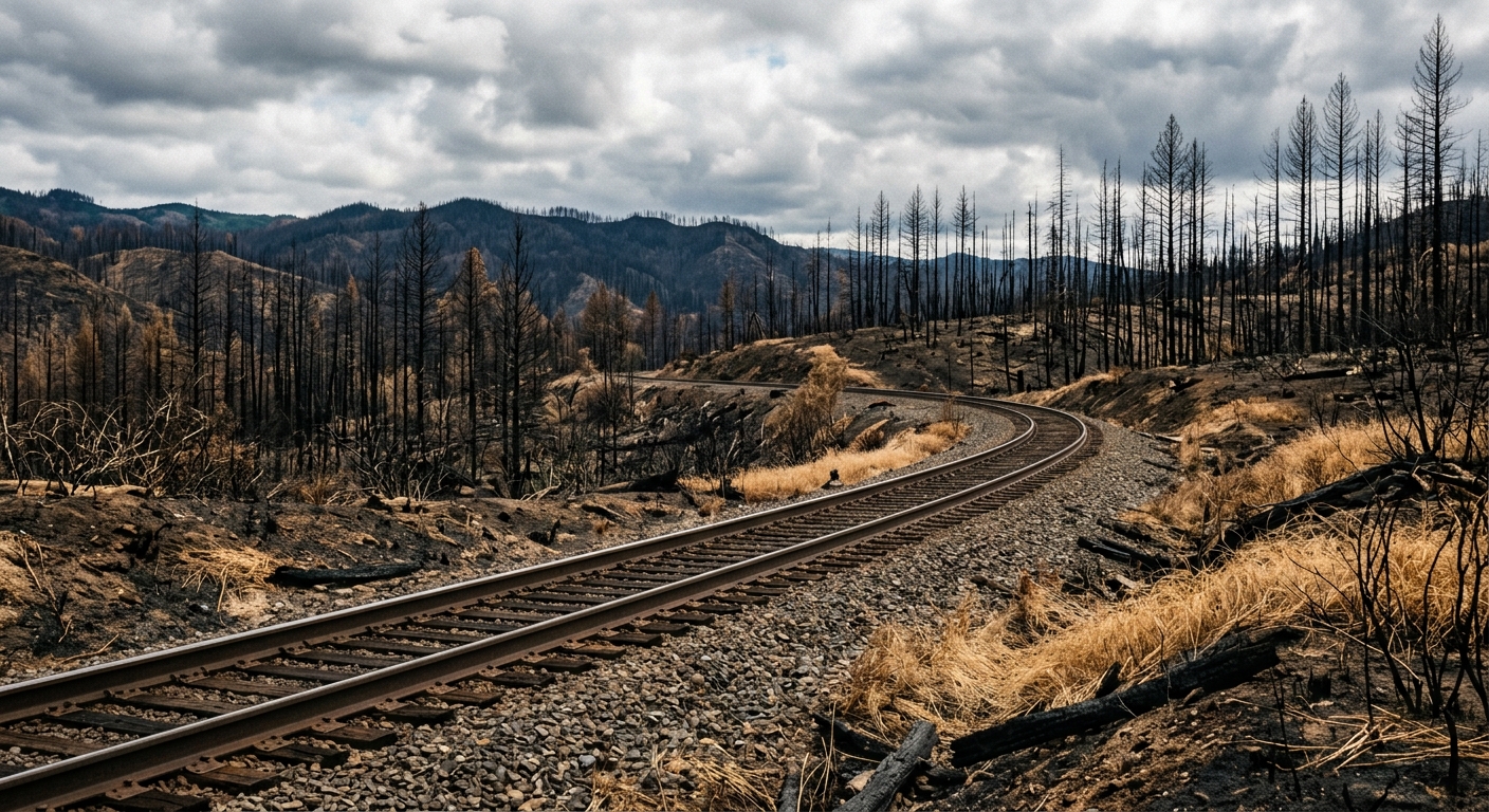 railroad tracks curving through a rural landscape of scorched earth, charred brush, and dry golden grass in the Pacific Northwest, with the blackened remains of