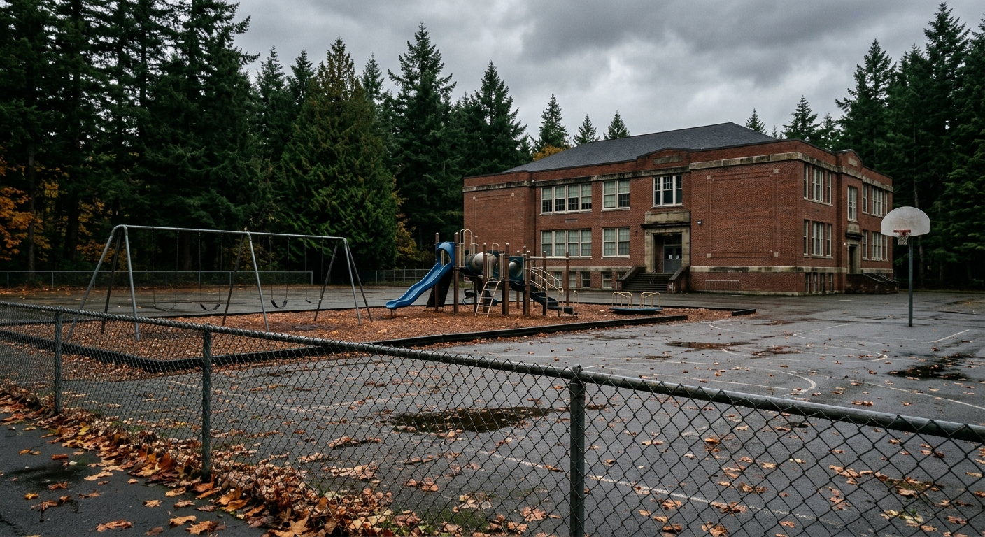 an empty playground and a classic brick elementary school building on an overcast day surrounded by tall evergreen trees, scattered damp autumn leaves on the pa