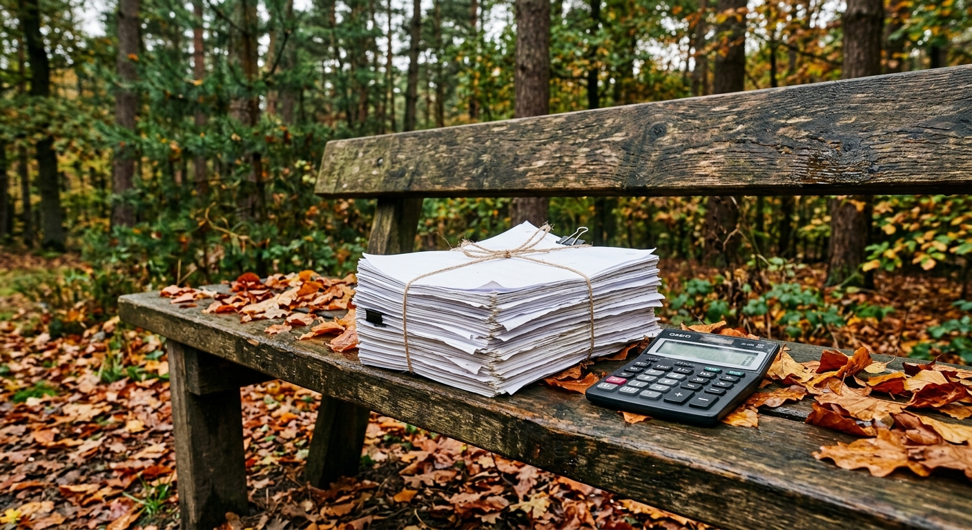 a thick stack of paper documents and a simple calculator sitting on a damp wooden public park bench, surrounded by fallen autumn leaves and tall green pine tree