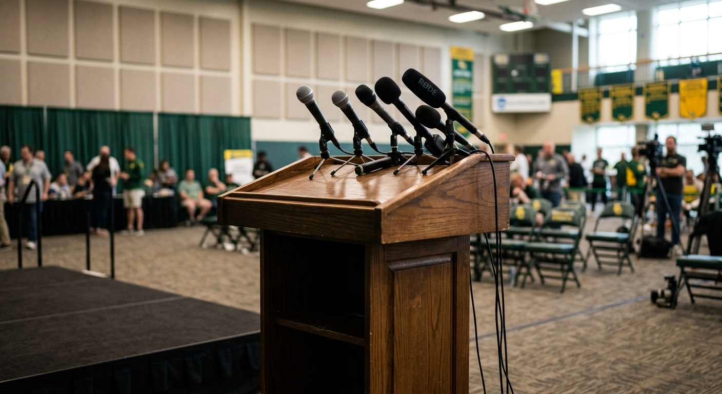 an empty wooden podium with several microphones clustered on top, set in an indoor athletic facility press room with subtle green and yellow blurred accents in