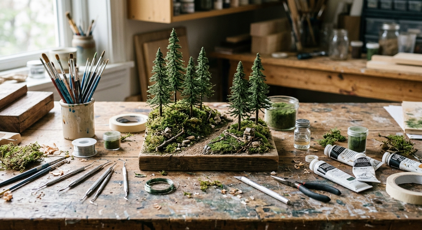 a miniature, handcrafted woodland set featuring tiny pine trees and moss on a worn wooden workbench, surrounded by small sculpting tools, wire armatures, and pa