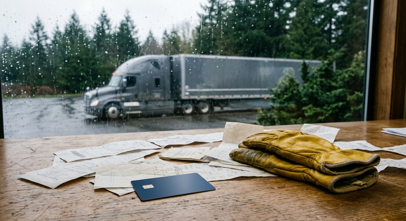 scattered business expense receipts, a generic plastic credit card, and a pair of yellow work gloves resting on a wooden office desk