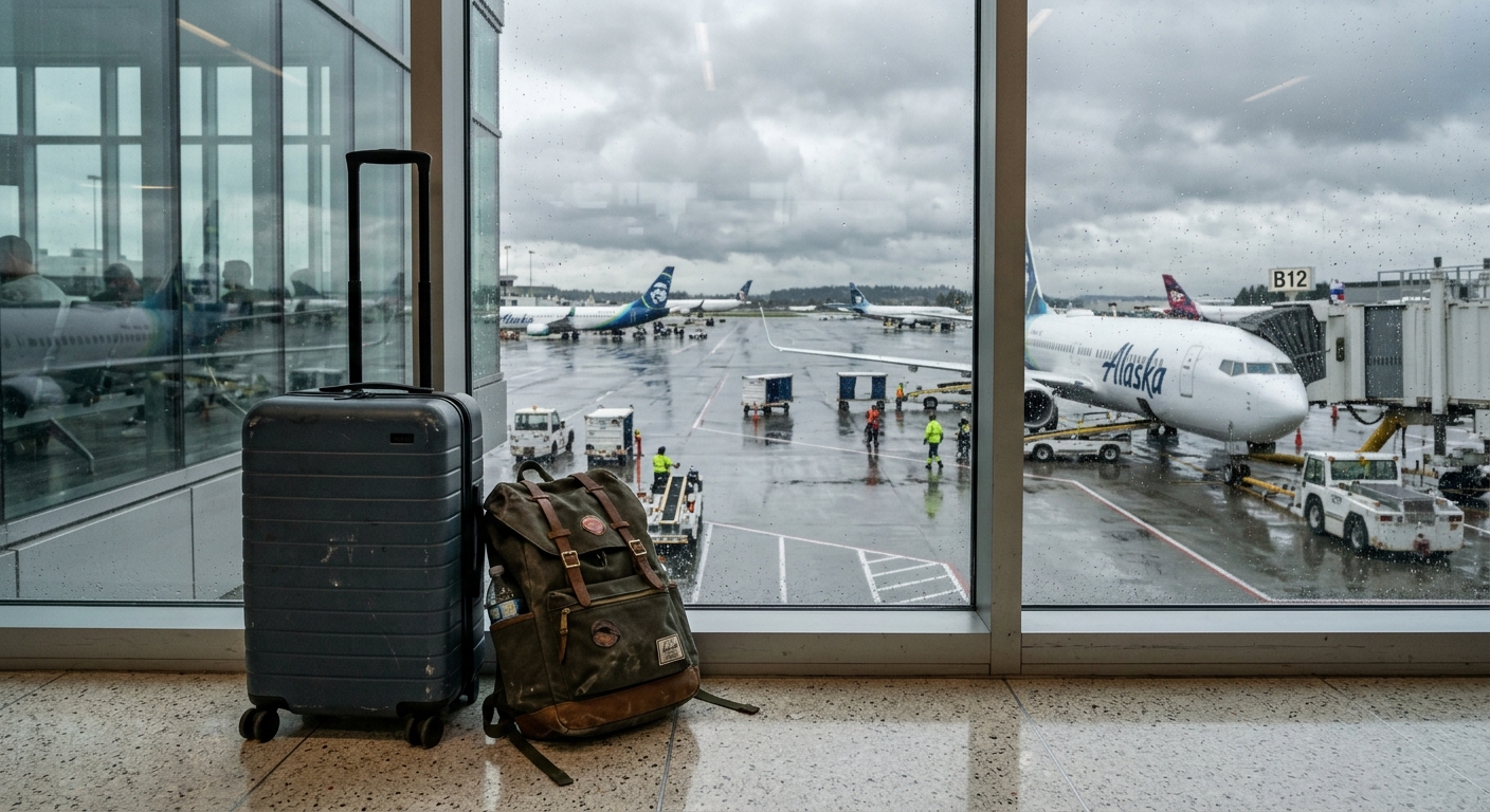 a rolling suitcase and a casual backpack resting by a large glass window in an airport terminal, looking out over a wet, overcast tarmac typical of the Pacific