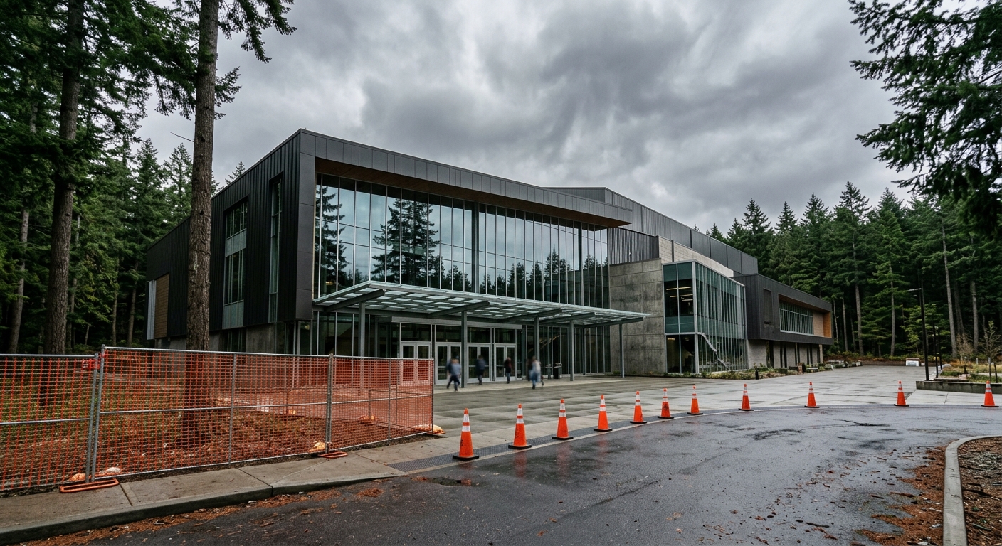 a large modern indoor sports arena exterior under an overcast Pacific Northwest sky, surrounded by tall pine trees, with a few orange construction cones and tem