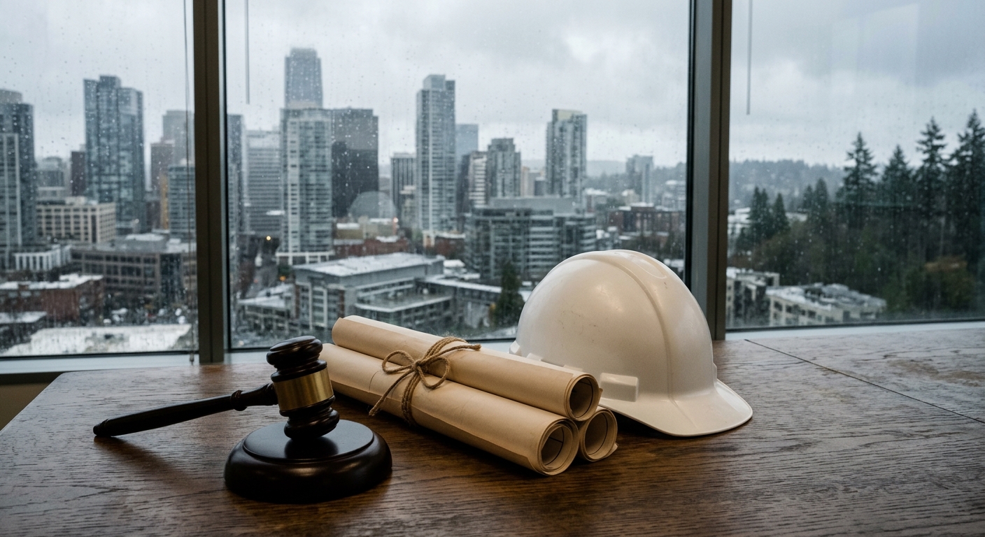 a wooden conference table featuring rolled-up architectural blueprints, a wooden gavel, and a white construction hard hat, with a rainy, overcast cityscape feat