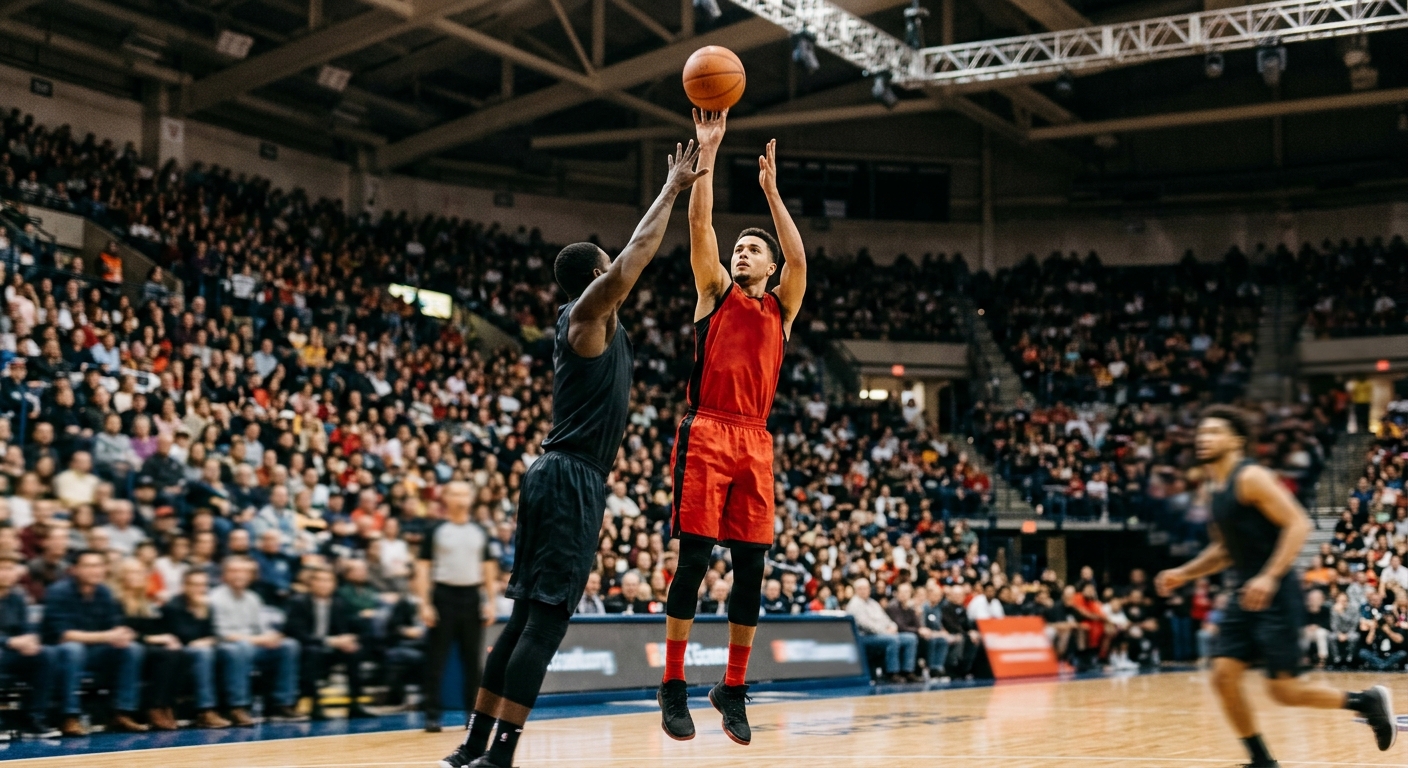 a professional basketball player in a generic red and black uniform shooting a basketball over a defender in a large indoor arena, natural everyday lighting, sh
