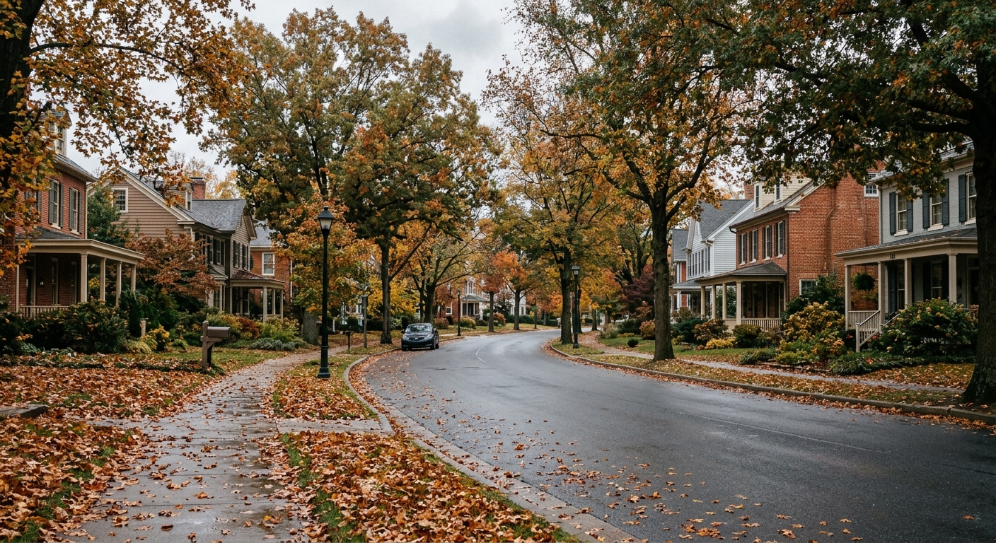 a quiet neighborhood street lined with trees showing late autumn foliage, an overcast gray sky overhead, and scattered fallen leaves on a damp sidewalk, natural