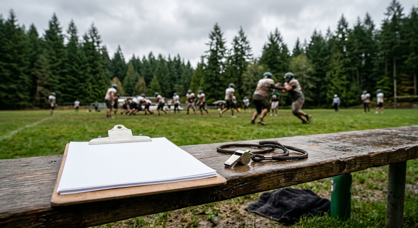 a blank coaching clipboard and a metal whistle resting on a damp sideline bench at a football practice field, surrounded by tall evergreen trees under a cloudy